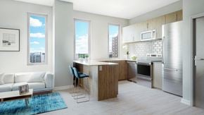Halifax apartment for rent - A kitchen with a refrigerator, sink, and a dining table with chairs.