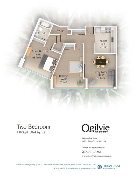 Floor plan for 2 beds, 1 bath, 671 sqft