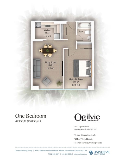 Floor plan for 1 bed, 1 bath, 493 sqft