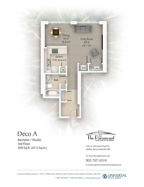 Floor plan for studio, 1 bath, 623 sqft