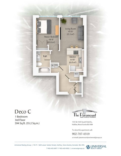 Floor plan for 1 bed, 1 bath, 749 sqft