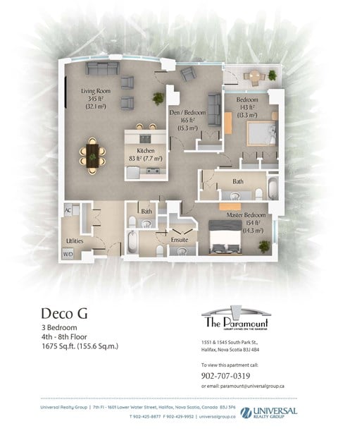 Floor plan for 3 beds, 2 baths, 1675 sqft