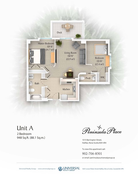 Floor plan for 2 beds, 1 bath, 948 sqft