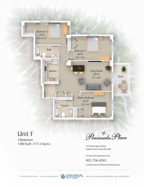 Floor plan for 3 beds, 2 baths, 1200 sqft