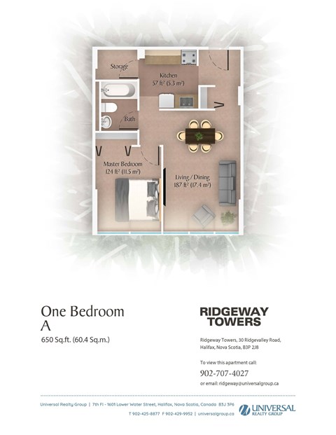 Floor plan for 1 bed, 1 bath, 650 sqft