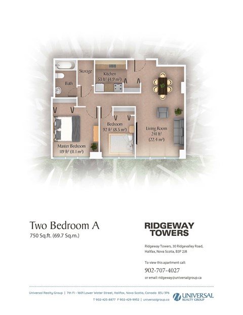 Floor plan for 2 beds, 1 bath, 750 sqft