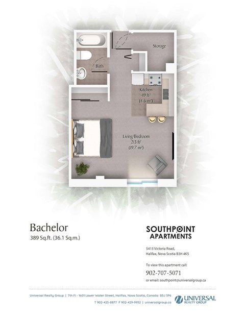 Floor plan for studio, 1 bath, 389 sqft