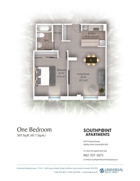 Floor plan for 1 bed, 1 bath, 507 sqft