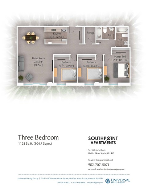 Floor plan for 3 beds, 2 baths, 1128 sqft