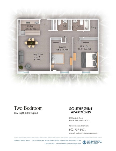 Floor plan for 2 beds, 1 bath, 862 sqft