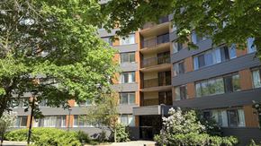 Halifax apartment for rent - A modern apartment building with balconies and surrounded by greenery.