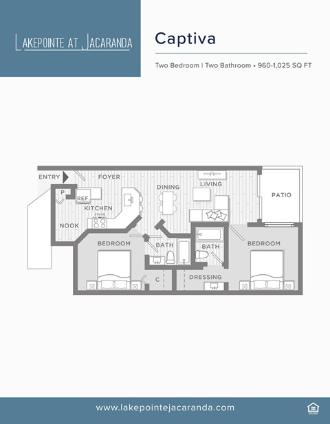 Floor plan for 2 beds, 2 baths, 1025 sqft