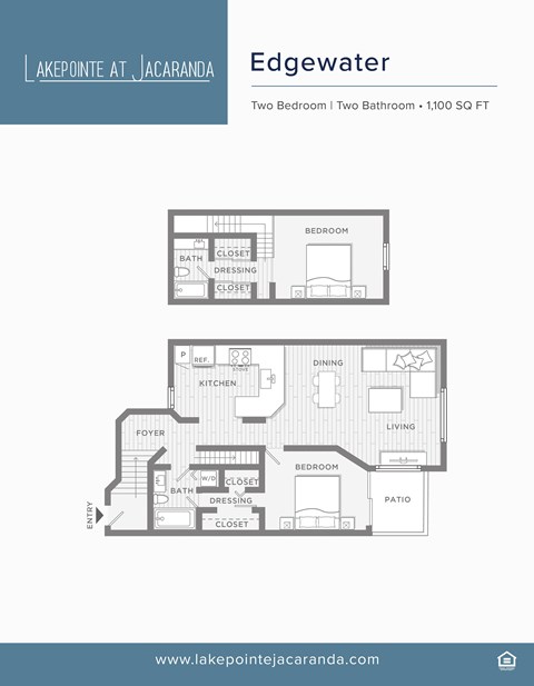 Floor plan for 2 beds, 2 baths, 1100 sqft