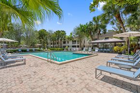 Plantation apartment for rent - A pool surrounded by palm trees and lounge chairs.