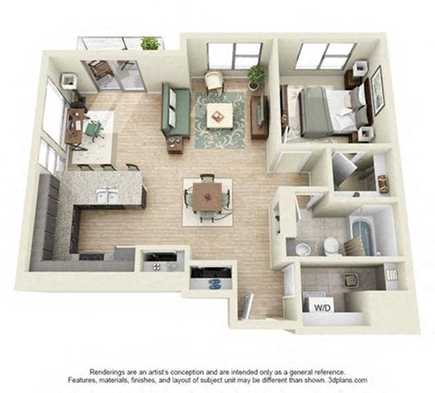 Floor plan for 1 bed, 1 bath, 876 sqft