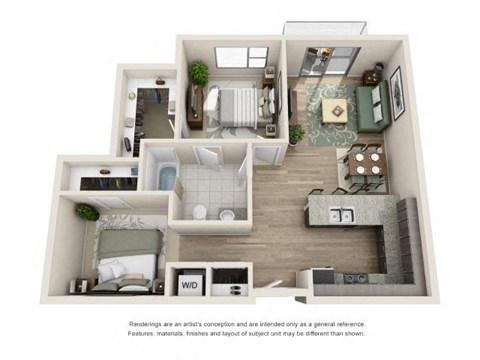 Floor plan for 1 bed, 1 bath, 860 sqft