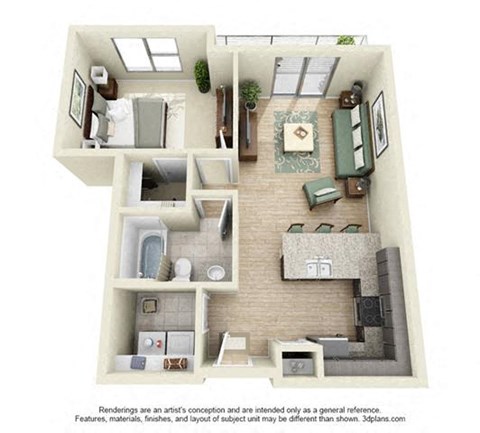 Floor plan for 1 bed, 1 bath, 690 sqft