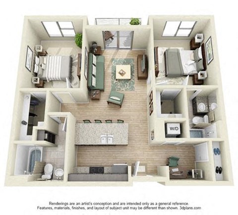 Floor plan for 2 beds, 2 baths, 979 sqft