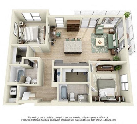 Floor plan for 2 beds, 2 baths, 1010 sqft