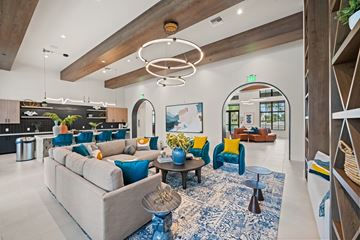Palm Springs apartment for rent - A modern living room with a grey sofa and blue accent pillows.