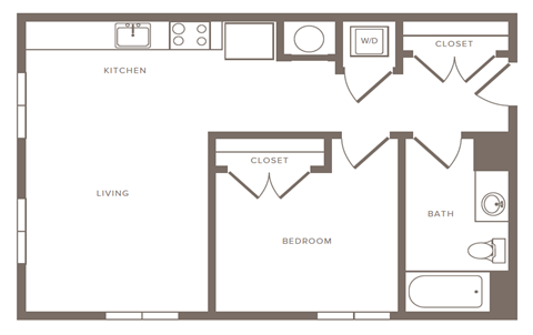 Floor plan for 1 bed, 1 bath, 664 sqft