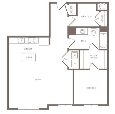 Floor plan for 1 bed, 1 bath, 908 sqft