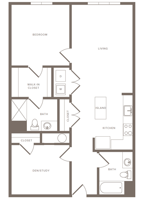 Floor plan for 1 bed, 2 baths, 1054 sqft