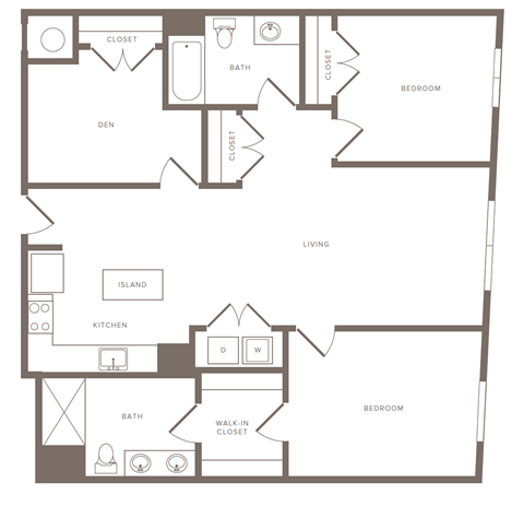 Floor plan for 2 beds, 2 baths, 1297 sqft