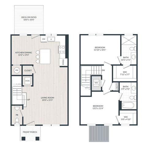 Floor plan for 2 beds, 2.5 baths, 1304 sqft