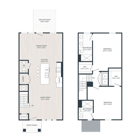 Floor plan for 2 beds, 2.5 baths, 1630 sqft