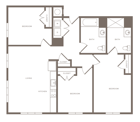 Floor plan for 3 beds, 2 baths, 1302 sqft