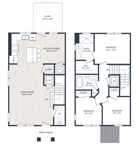 Floor plan for 3 beds, 2.5 baths, 1296 sqft