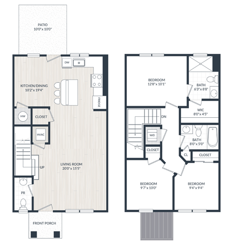 Floor plan for 3 beds, 2.5 baths, 1304 sqft