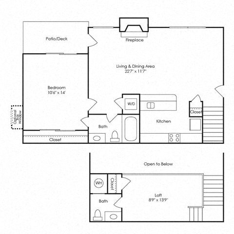 Floor plan for 1 bed, 1.5 baths, 864 sqft