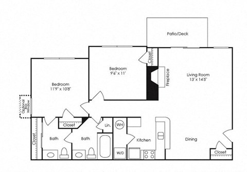 Floor plan for 2 beds, 1.5 baths, 858 sqft