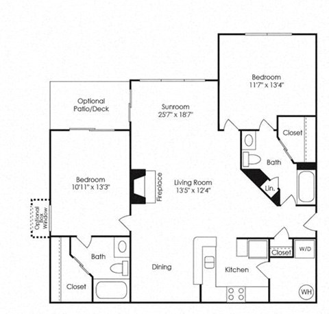 Floor plan for 2 beds, 2 baths, 1076 sqft