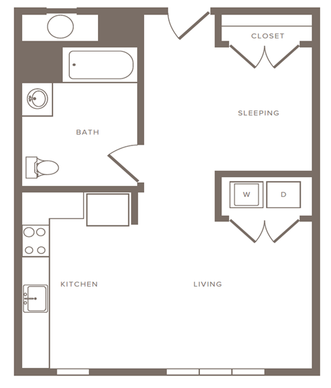 Floor plan for studio, 1 bath, 609 sqft