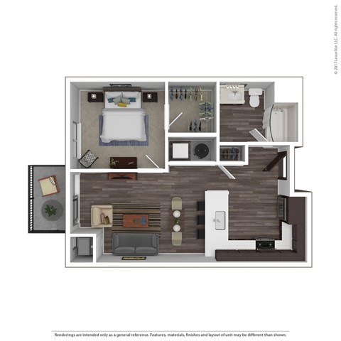 Floor plan for 1 bed, 1 bath, 674 sqft