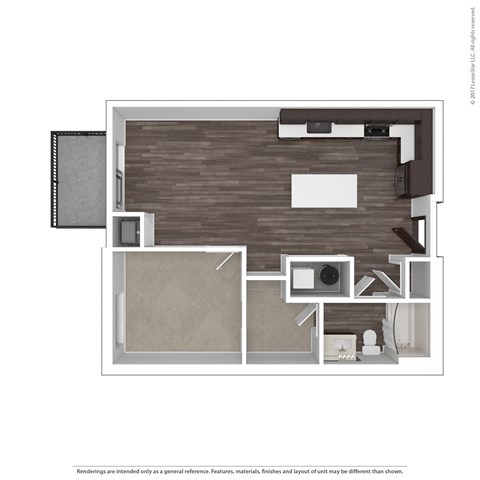 Floor plan for 1 bed, 1 bath, 734 sqft