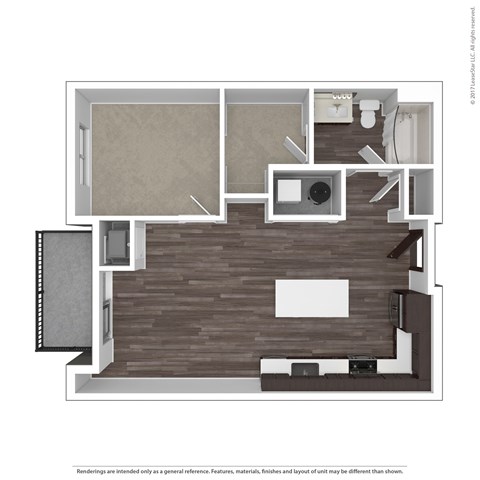 Floor plan for 1 bed, 1 bath, 743 sqft