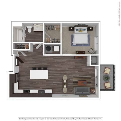 Floor plan for 1 bed, 1 bath, 744 sqft