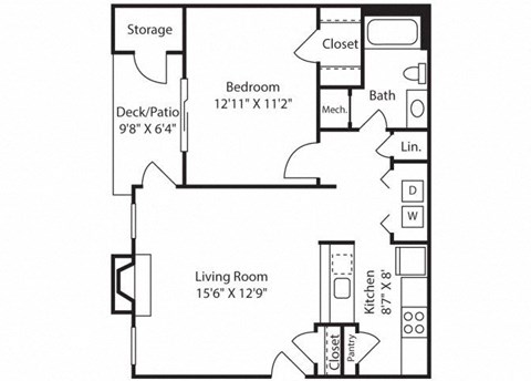Floor plan for 1 bed, 1 bath, 715 sqft