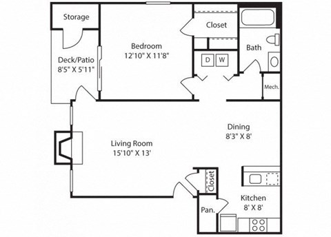Floor plan for 1 bed, 1 bath, 827 sqft