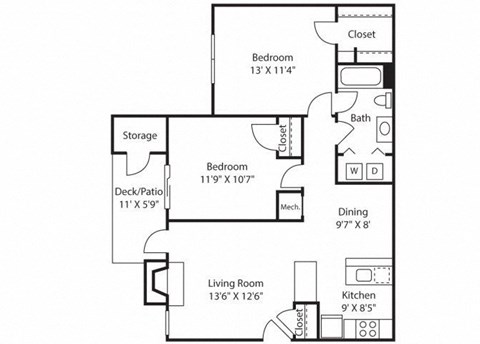 Floor plan for 2 beds, 1 bath, 950 sqft