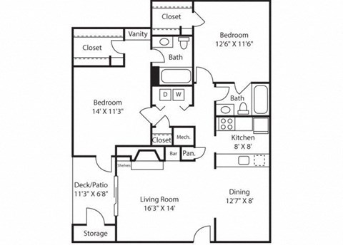 Floor plan for 2 beds, 2 baths, 1129 sqft