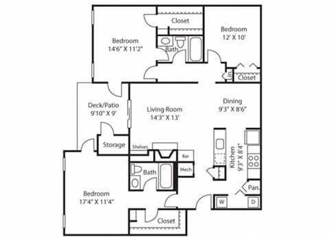 Floor plan for 3 beds, 2 baths, 1466 sqft