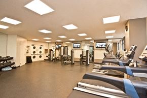 Atlanta apartment for rent - a gym with cardio equipment and weights on the floor