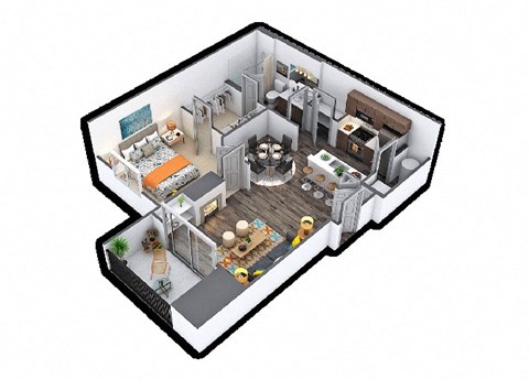 Floor plan for 1 bed, 1 bath, 729 sqft