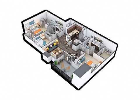 Floor plan for 3 beds, 2 baths, 1232 sqft