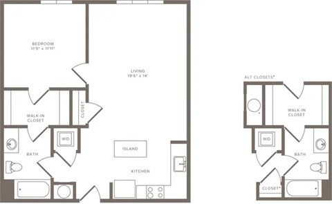 Floor plan for 1 bed, 1 bath, 783 sqft